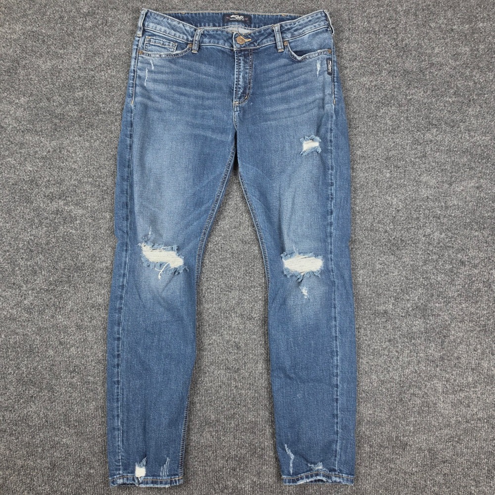 Silver Mazy Skinny Jeans Women's 33 L29 Distressed Dark Wash Denim Stretch Blue